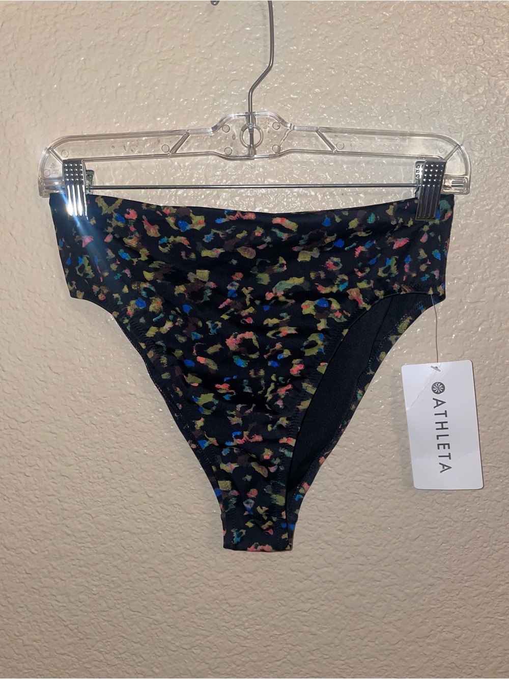 Athleta Black Swim Bottoms with Multicolor Leopard Spots